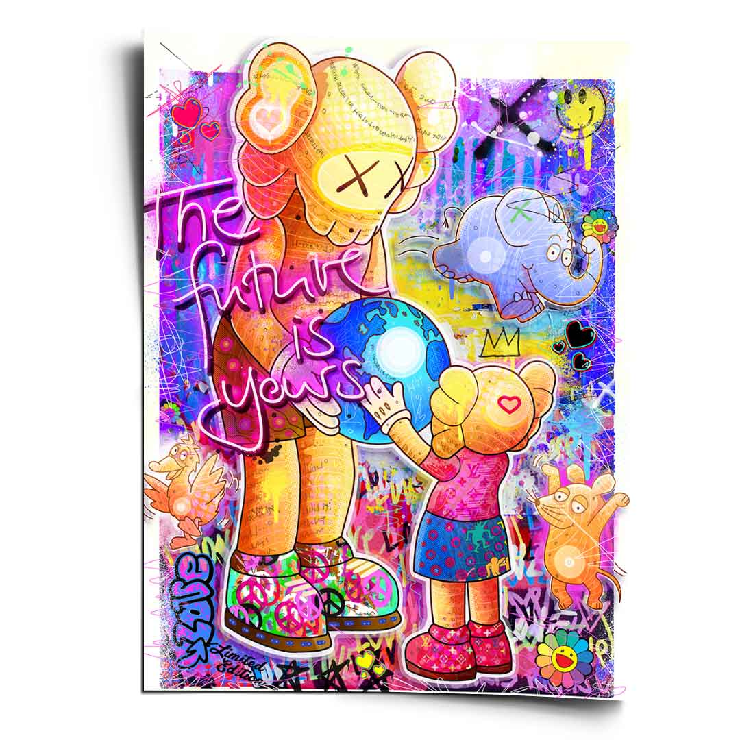 KAWS-inspired figure holding a glowing blue globe in neon pop graffiti style
