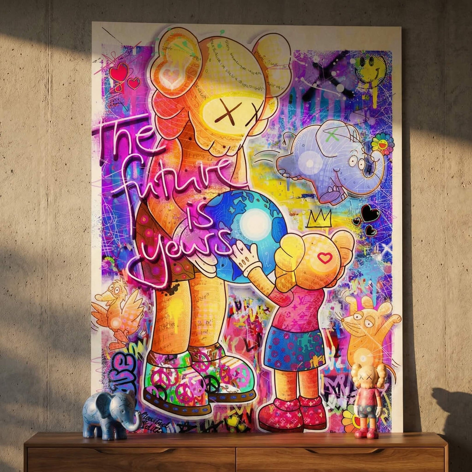 Smaller figure reaching toward the globe amid heart graffiti and tags
