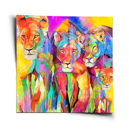 Colorful Pop Art lioness family and cub with bold outlines