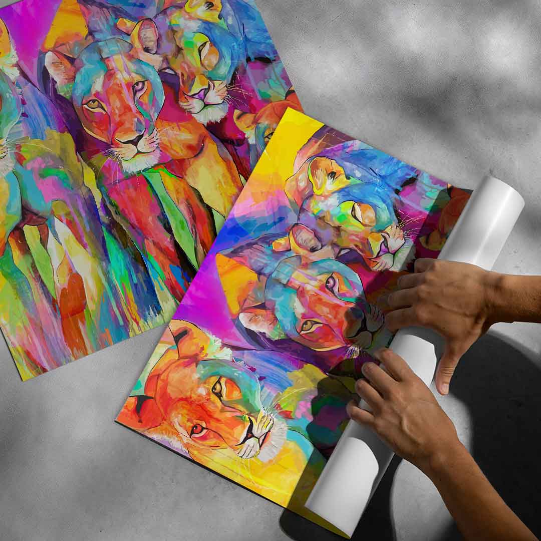 Bold color-splash Pop Graffiti style lioness and cub artwork as focal point