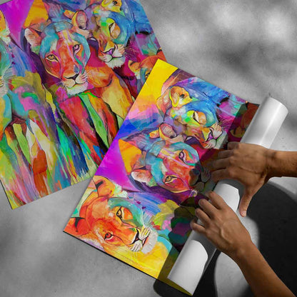 Bold color-splash Pop Graffiti style lioness and cub artwork as focal point