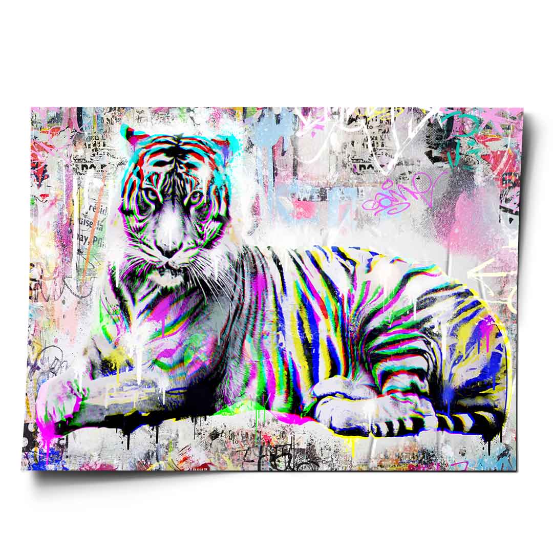 Majestic tiger in neon pop art style lying down with black-and-white base and pink, blue, green, and yellow color streaks