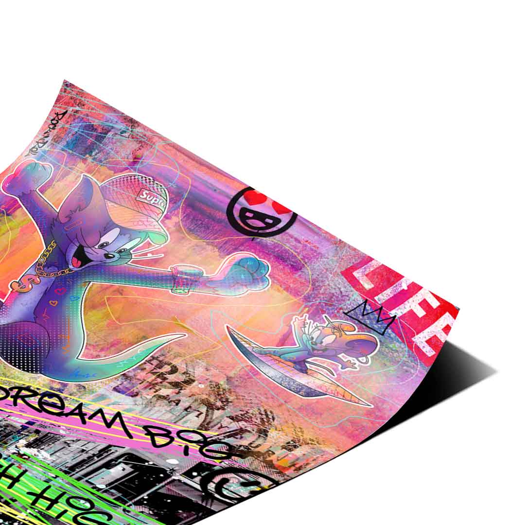 Bold neon pinks, purples, blues, and greens with DREAM BIG and HIGH HIGH typography