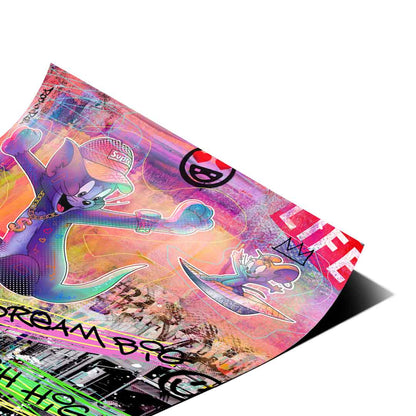 Bold neon pinks, purples, blues, and greens with DREAM BIG and HIGH HIGH typography