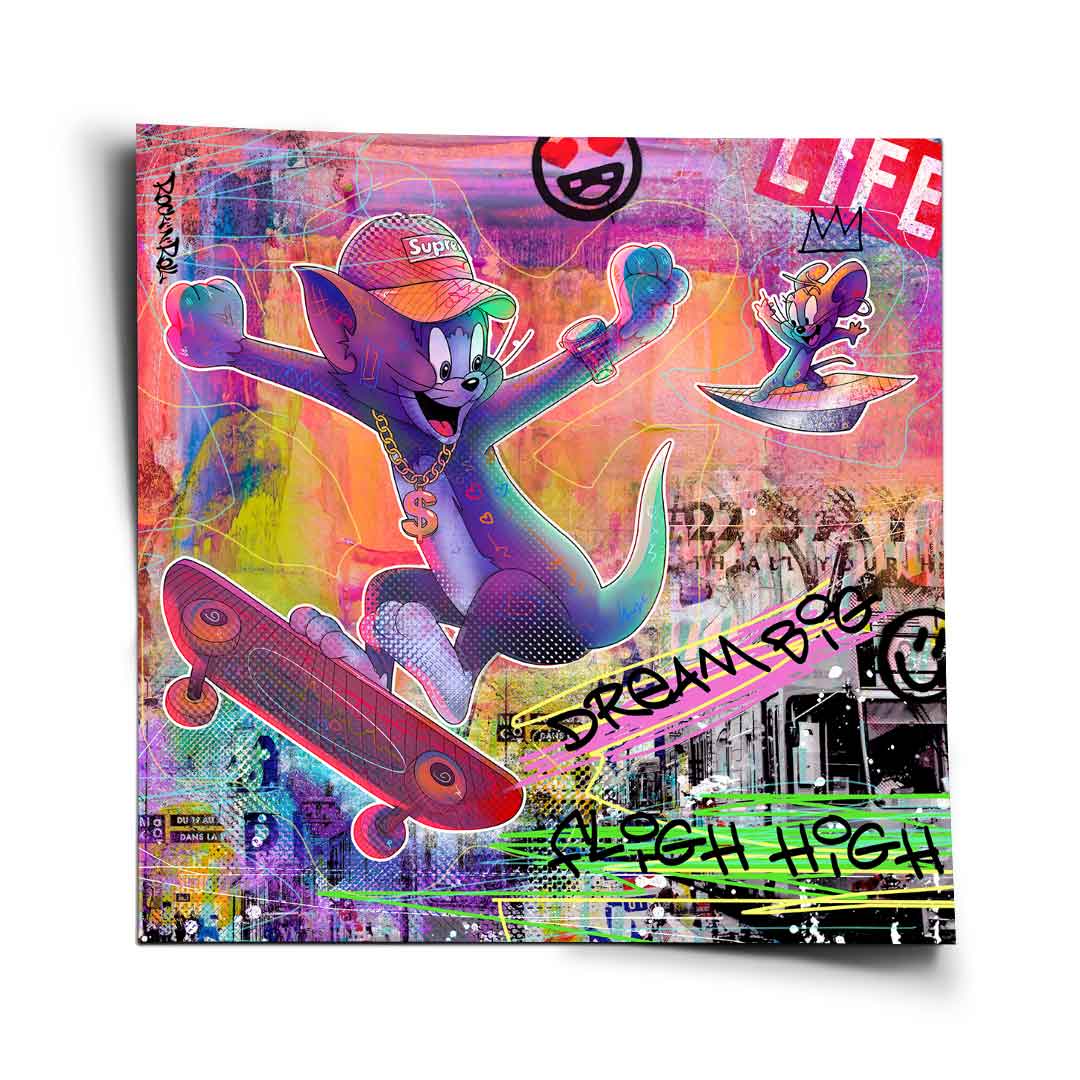 Tom wearing a Supreme cap and dollar chain performs a skateboard trick in a neon graffiti background