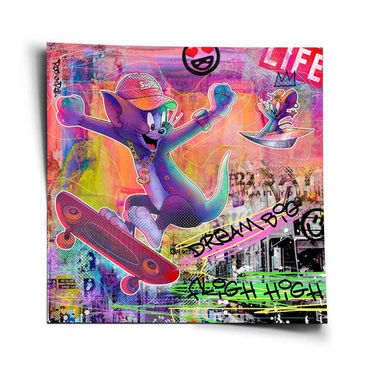 Tom wearing a Supreme cap and dollar chain performs a skateboard trick in a neon graffiti background
