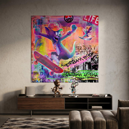 Jerry on a surfboard beside Tom in a bright urban graffiti scene
