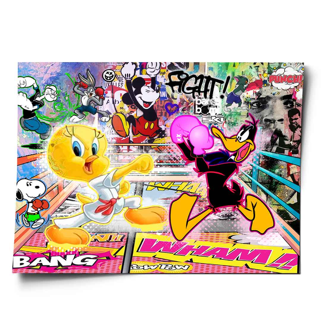 Tweety Bird in karate gi vs Daffy Duck with boxing gloves in a wrestling-ring poster