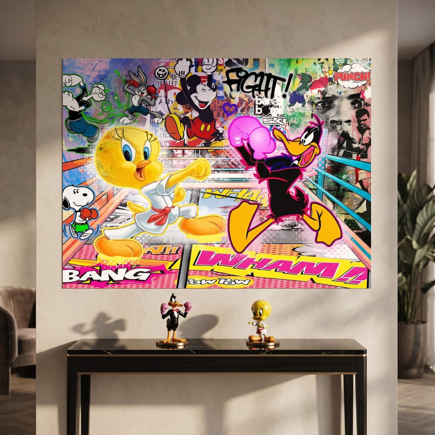 Layered collage background with Popeye, Bugs Bunny, Mickey Mouse and Snoopy and graffiti elements