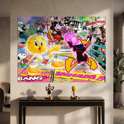 Layered collage background with Popeye, Bugs Bunny, Mickey Mouse and Snoopy and graffiti elements