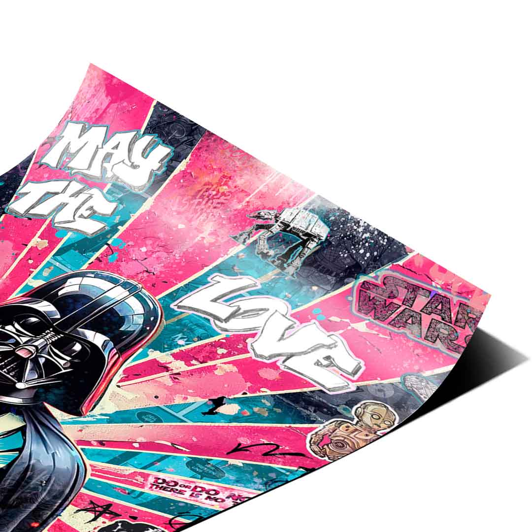 Text elements in the artwork include May the Love Be With You and Star Wars, on a vibrant wall art piece.