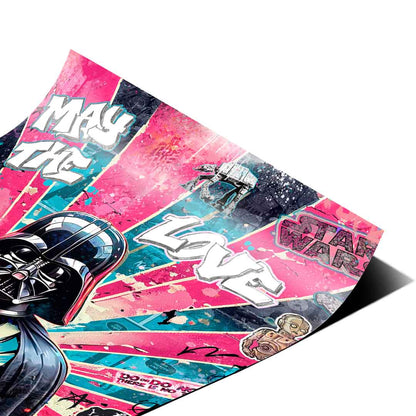Text elements in the artwork include May the Love Be With You and Star Wars, on a vibrant wall art piece.