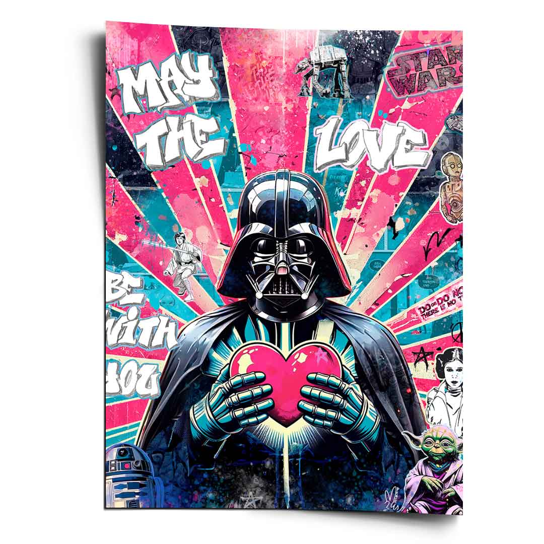 Darth Vader holding a glowing pink heart against a pink and teal pop art starburst background with bold outlines.