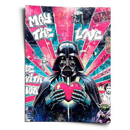 Darth Vader holding a glowing pink heart against a pink and teal pop art starburst background with bold outlines.