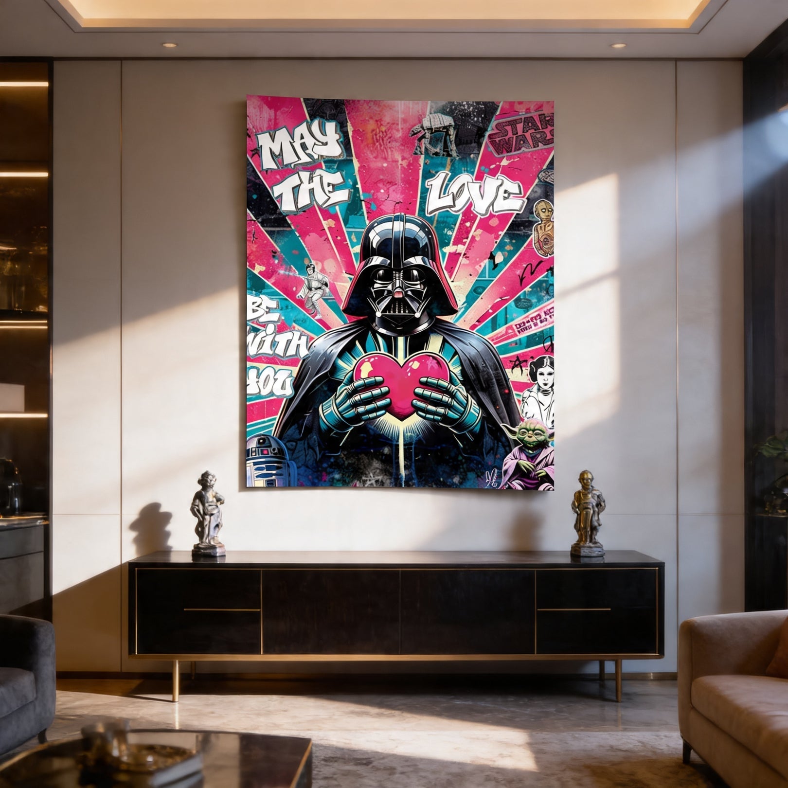 Vader surrounded by Luke Skywalker, Yoda, and Princess Leia in a busy comic-style Pop Art composition with halftone texture.