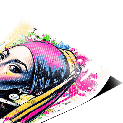 Modern woman with a bold gaze and arrow-shaped pearl earring in a street art style