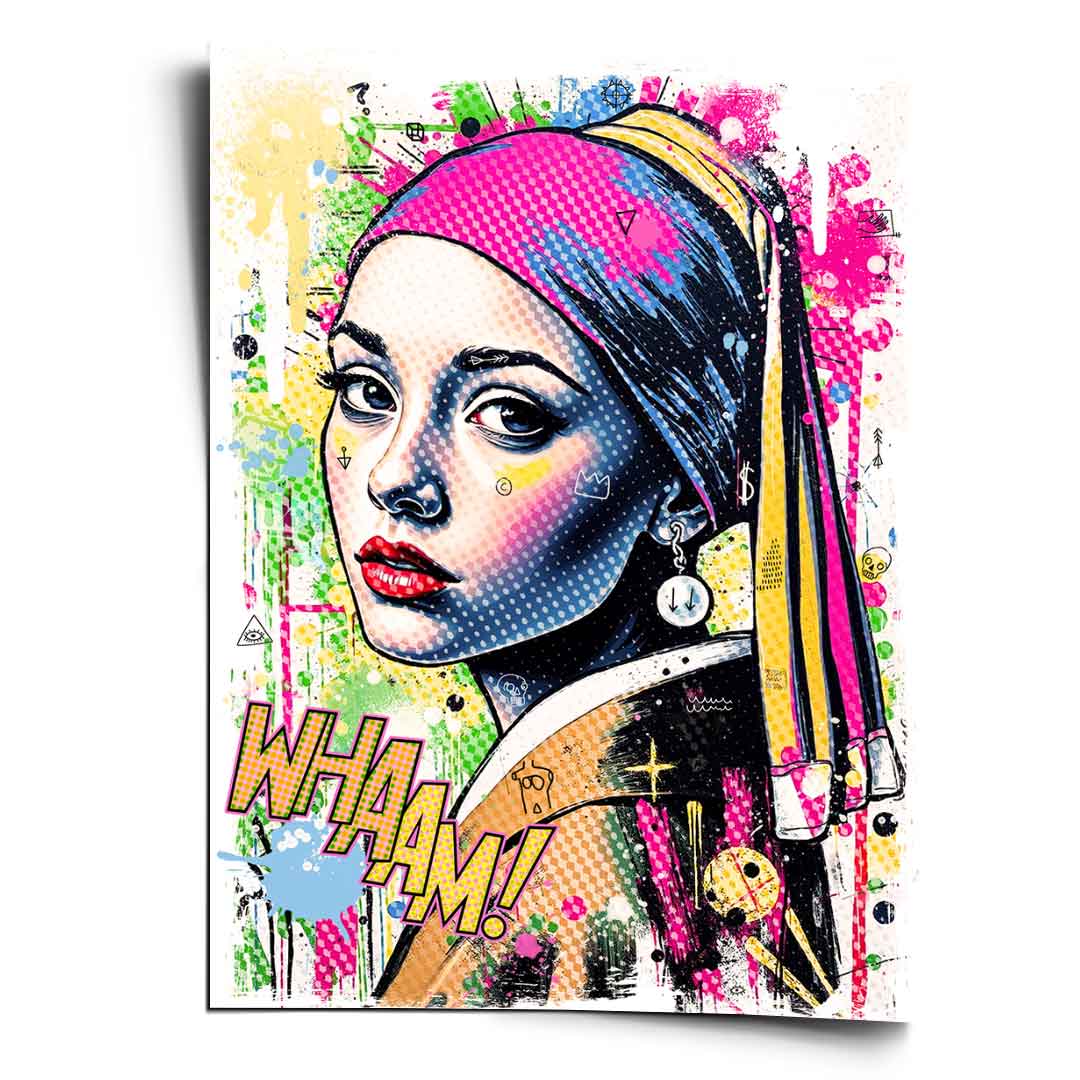 Pop Art poster reimagining Vermeer's Girl with a Pearl Earring with bold halftone dots and a striped headscarf