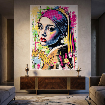 Energetic wall art featuring graffiti-like symbols and the WHAAM text in bright pinks, blues, and yellows