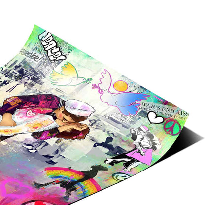 Neon color palette with pinks, blues, yellows, and greens plus graffiti accents