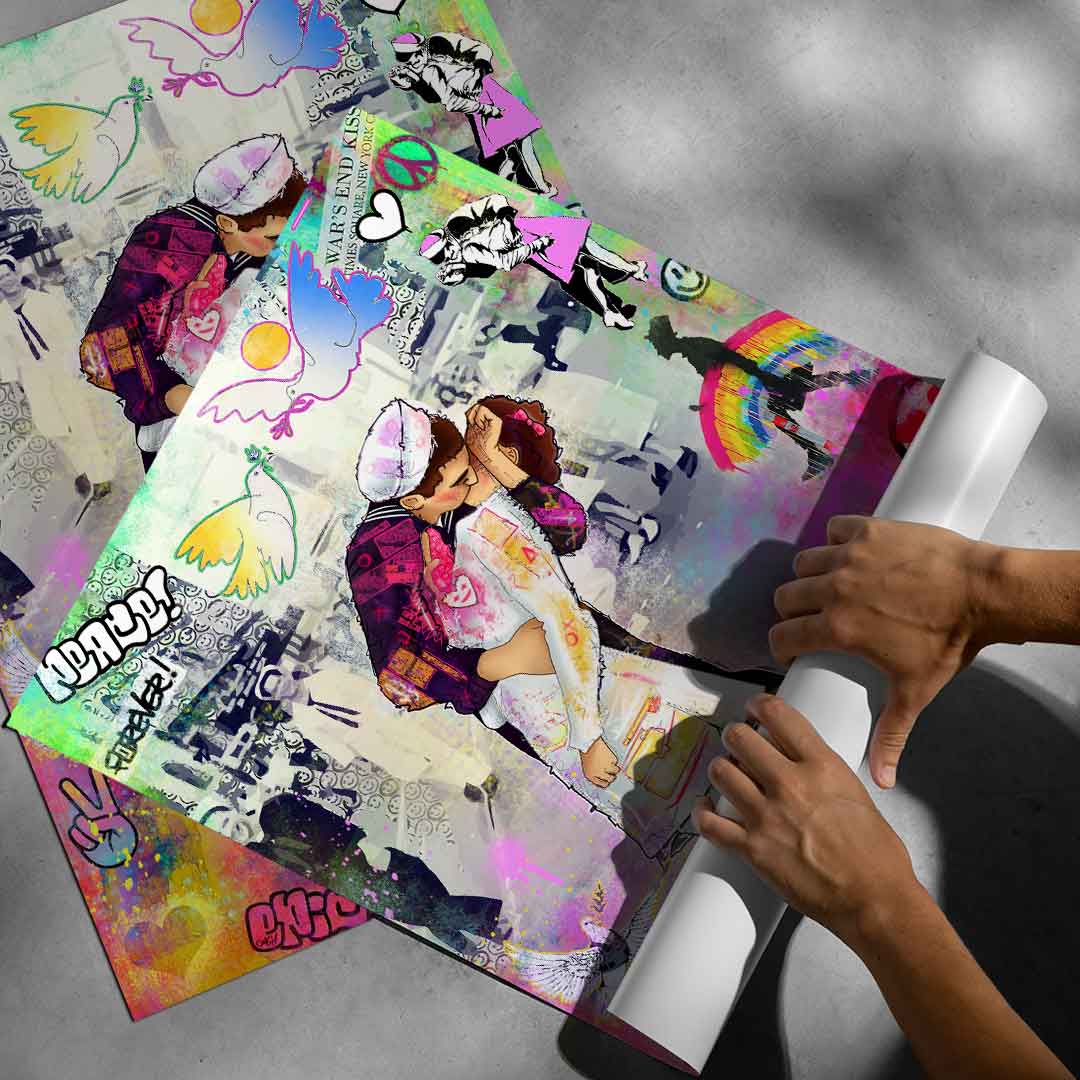 Vibrant mixed-media poster conveying nostalgia, hope, and urban energy for walls