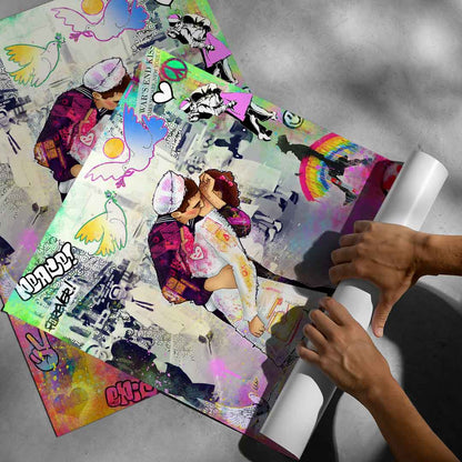 Vibrant mixed-media poster conveying nostalgia, hope, and urban energy for walls
