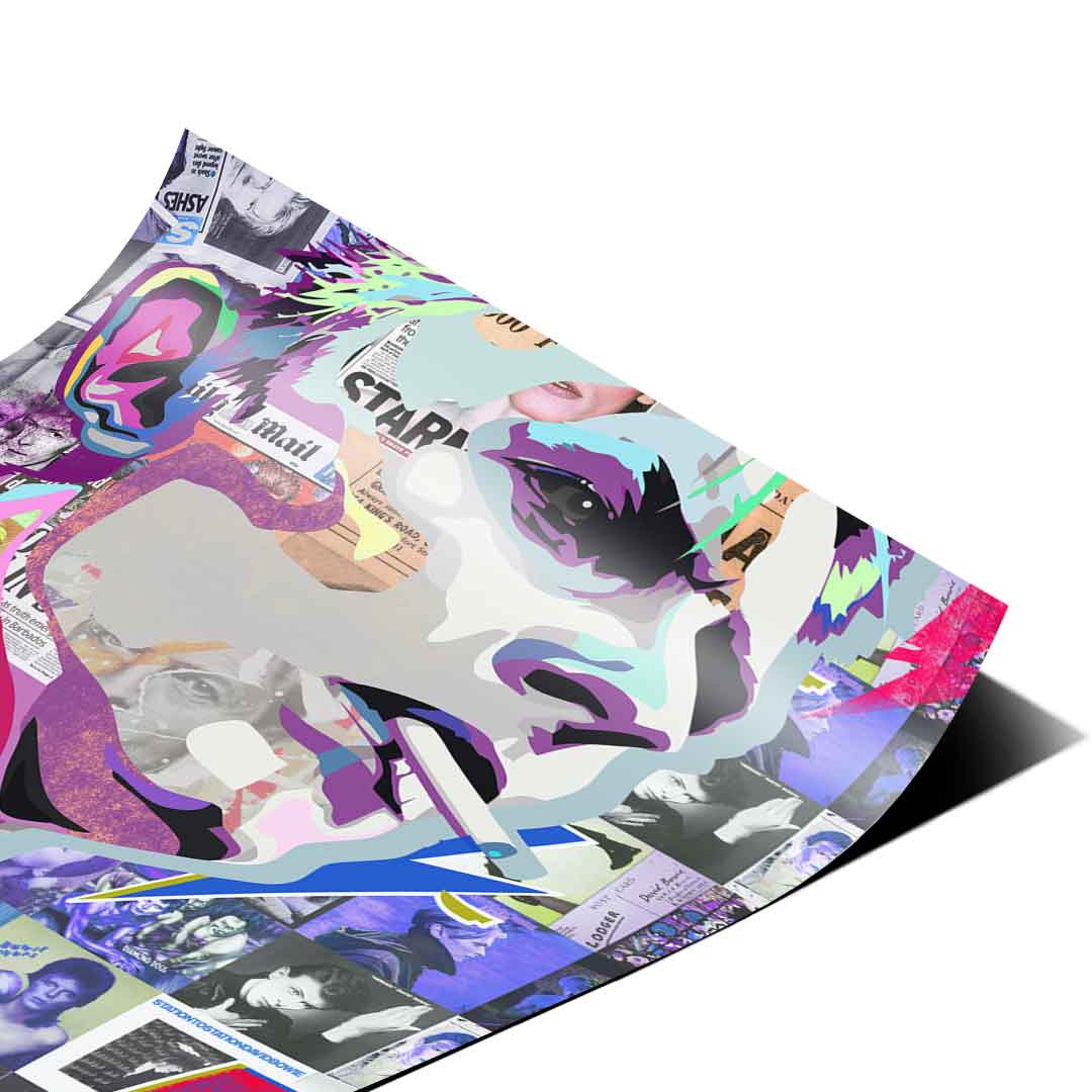 Layered collage of grayscale newspaper clippings and Bowie photos in pop art print