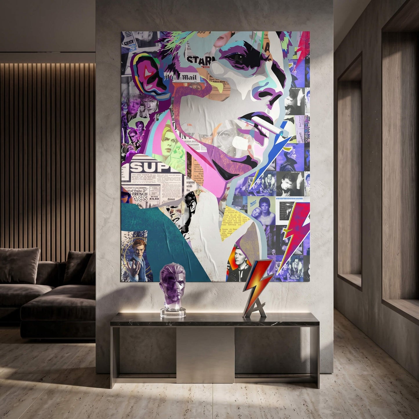 Graphic comic-style Bowie portrait with electric blue and purple hues
