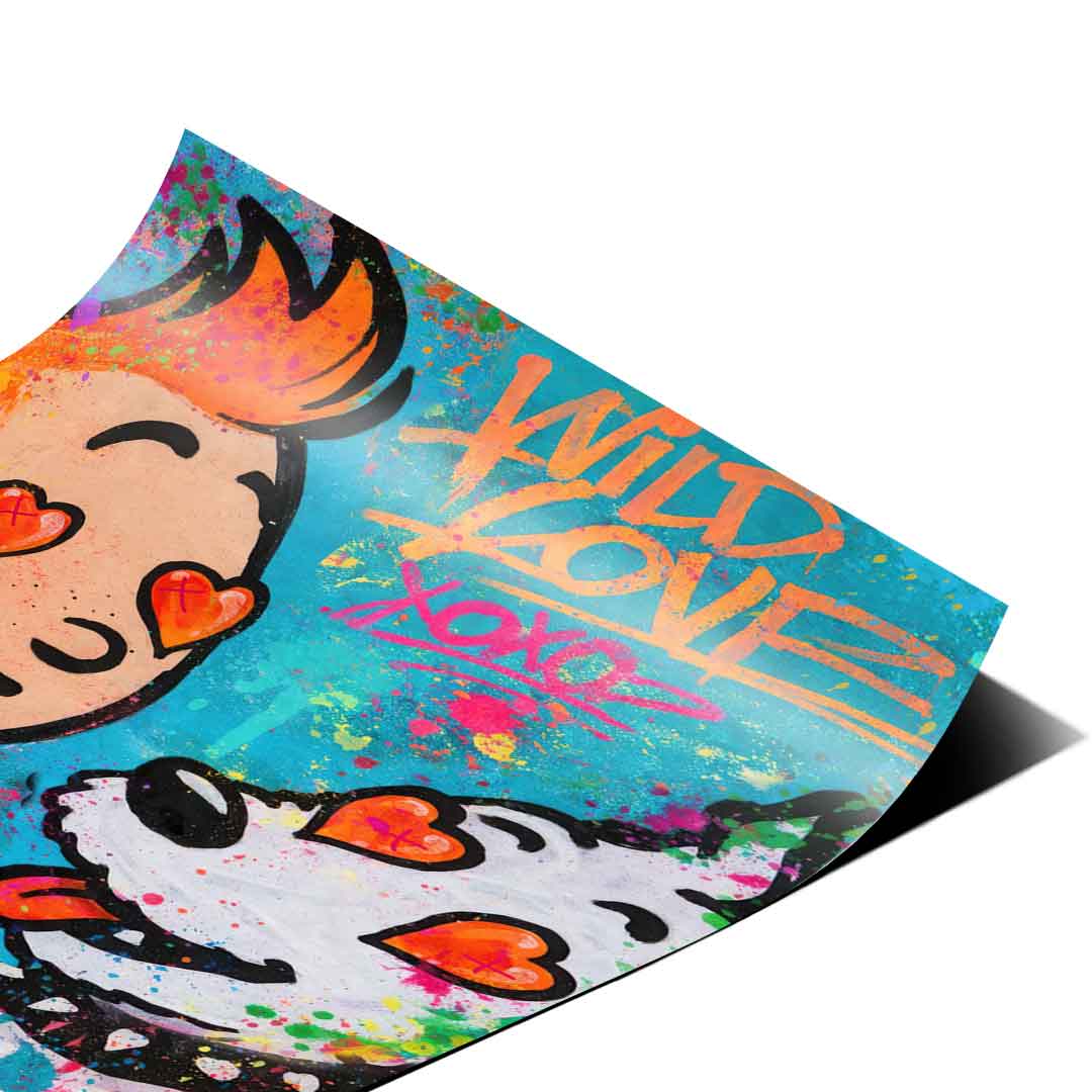 Graphic wall art featuring text like WILD LOVE and CRAZY to enhance an energetic mood.