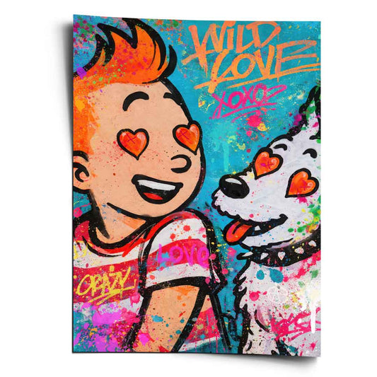 Joyful cartoon boy with spiky orange hair and a white dog, heart-shaped eyes, on a turquoise Pop Art wall print with bold outlines and neon splashes.