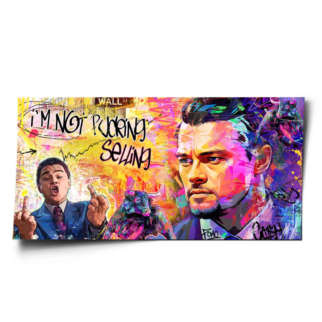 Vibrant Wolf of Wall Street inspired Pop Art poster featuring bold colors and a central bull motif.