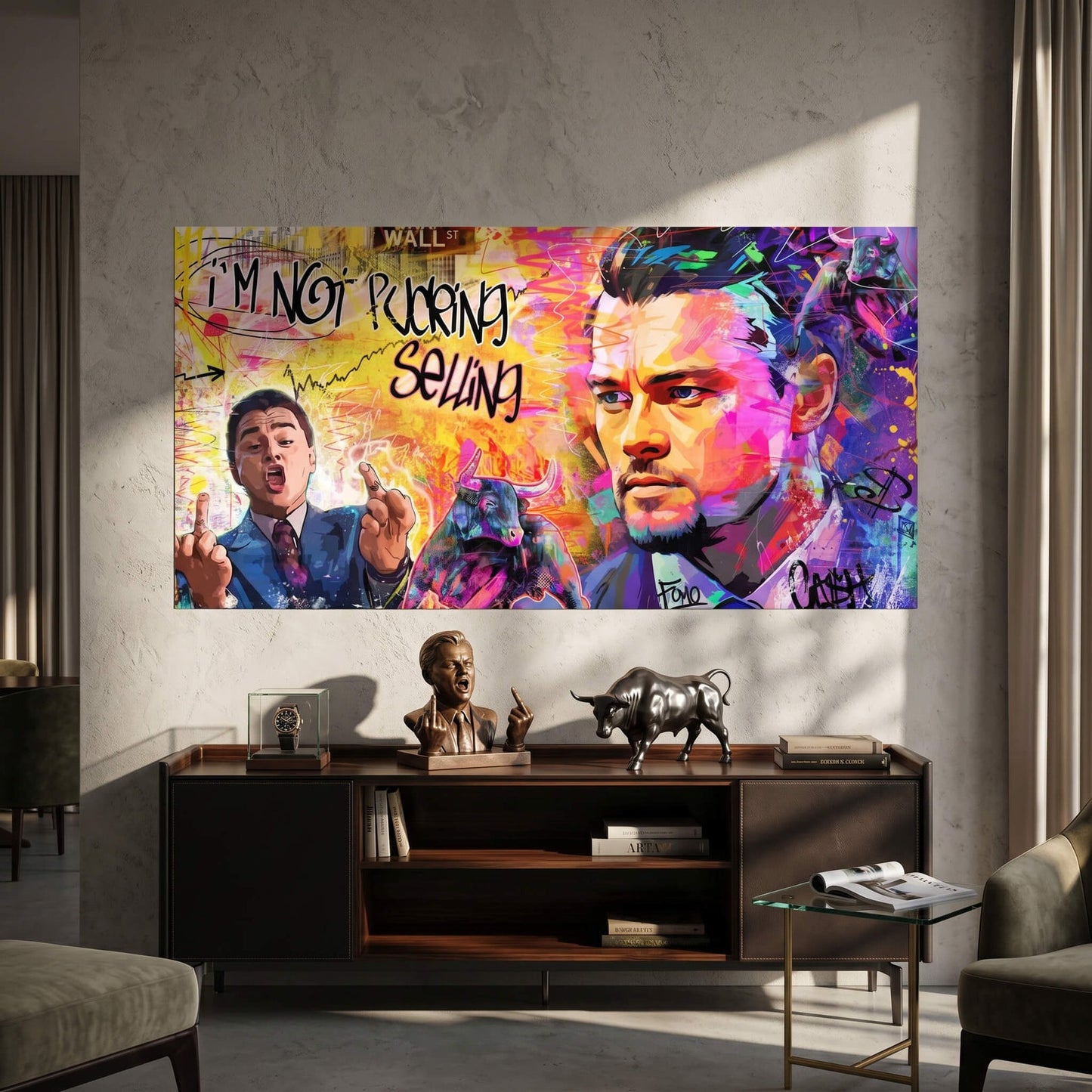 Comic street art style wall print with two iconic characters and graphic typography.