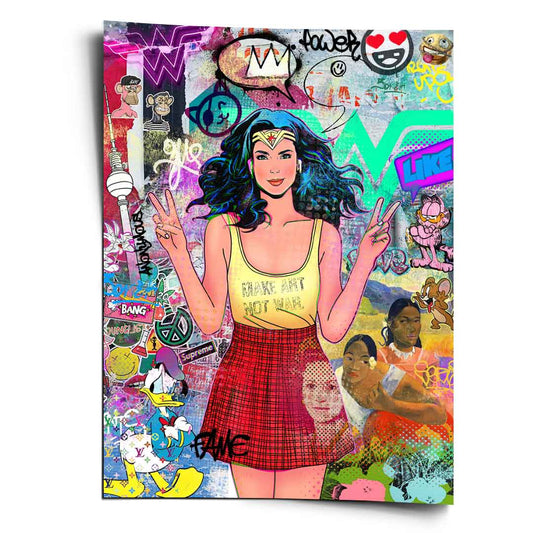 Colorful wall art featuring Wonder Woman with blue hair, peace sign, wearing a yellow MAKE ART NOT WAR top against a graffiti collage.