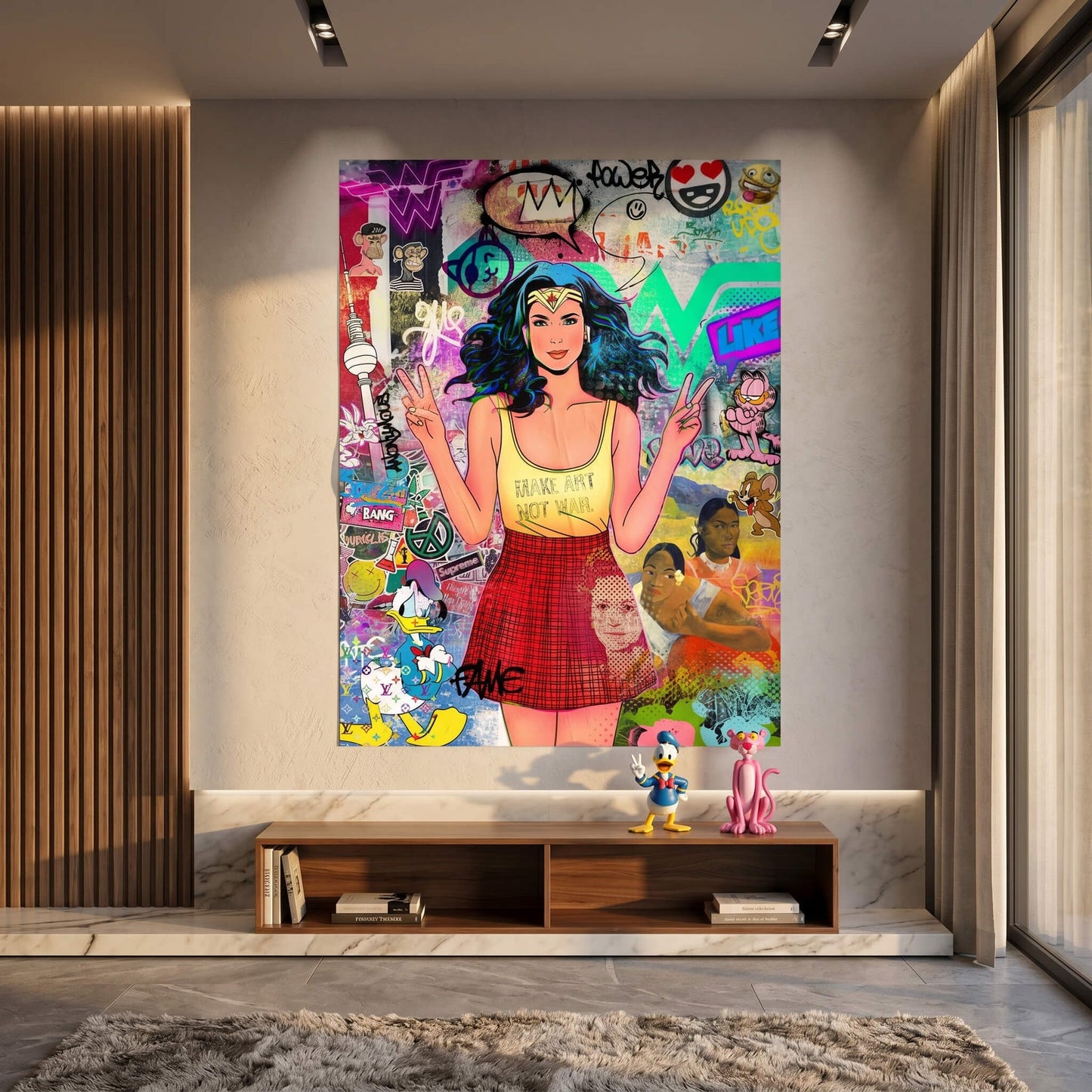 Wonder Woman poster with red plaid skirt in bold Pop Art style, surrounded by neon graffiti and urban icons.