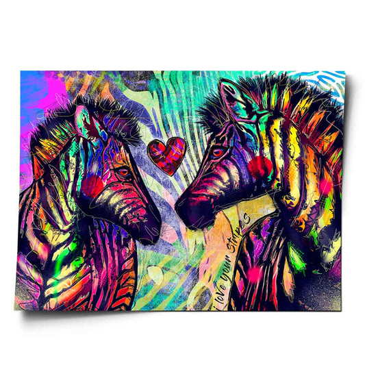 Two zebras in a bold Pop Art style facing each other with a red heart between them, neon rainbow colors, and a graffiti backdrop.
