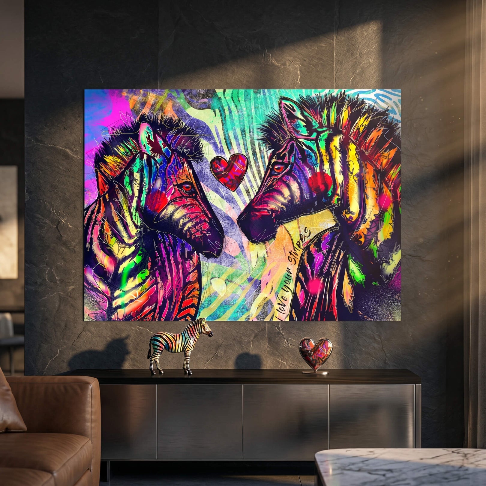 Close-up of saturated neon colors—blue, purple, green, yellow, and orange—with thick black outlines on a zebra-themed art print.