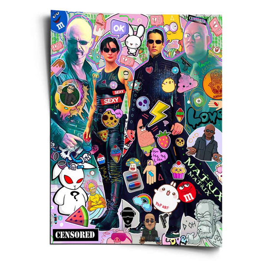 Neo and Trinity from The Matrix illustrated in a vibrant neon Pop Art collage on wall poster