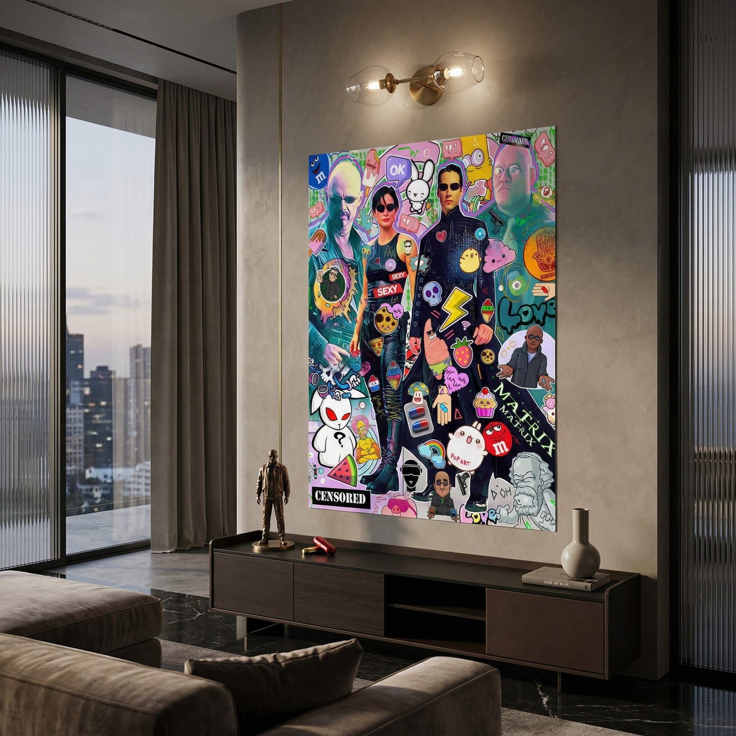 Dense sticker-like composition with graphic and realistic elements in electric blues, greens, pinks, and yellows