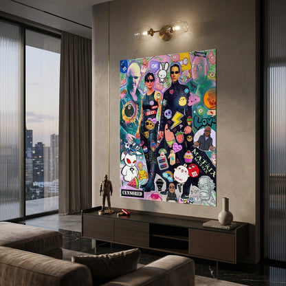 Dense sticker-like composition with graphic and realistic elements in electric blues, greens, pinks, and yellows