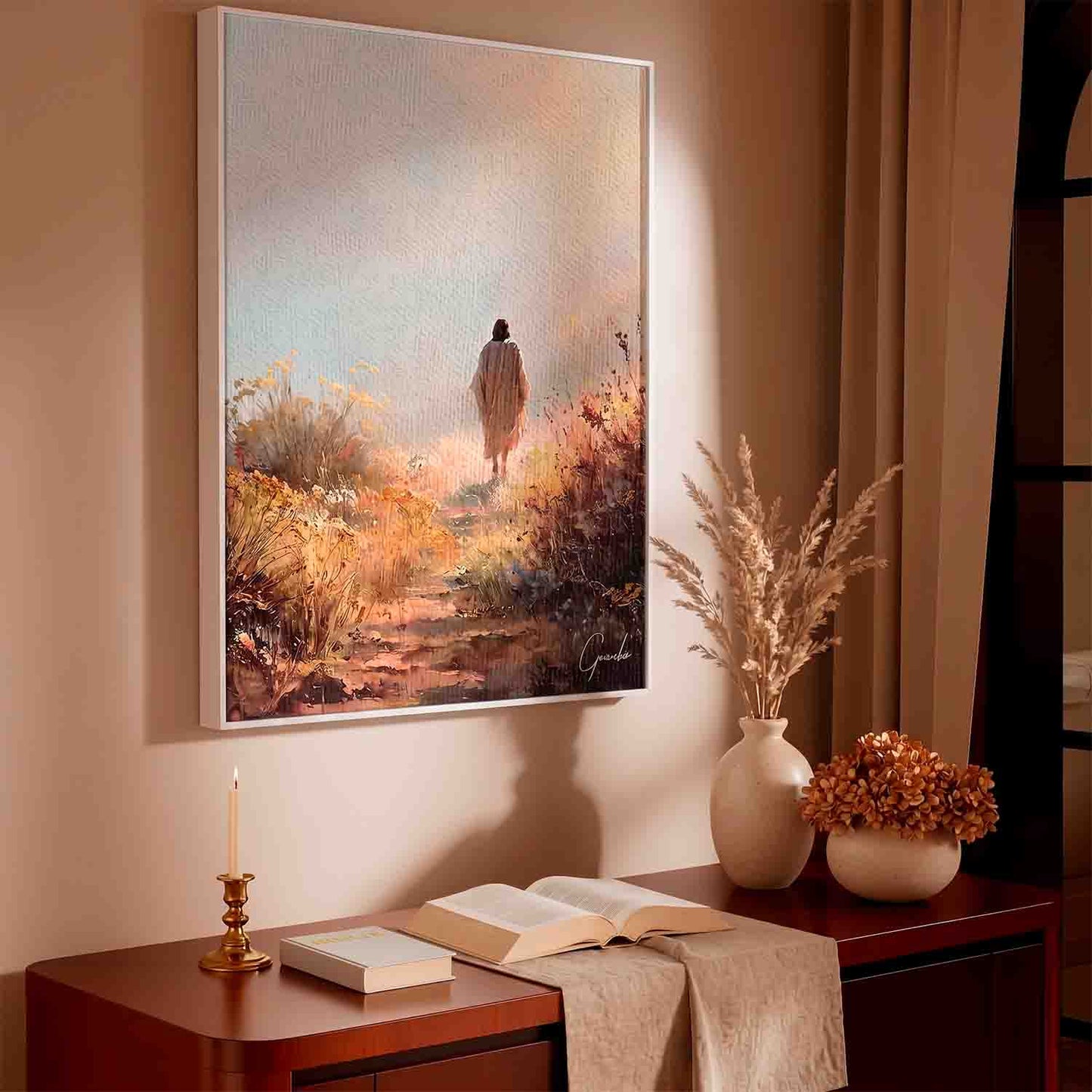 Soft, luminous sky transitioning from pale blue to golden glow above a tranquil landscape.