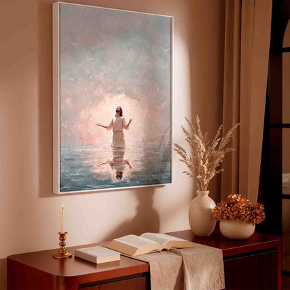 White birds ascend into a tranquil sky, enhancing the spiritual mood.