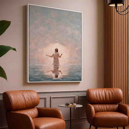 Visible impressionistic brushstrokes create texture in soft blues, grays, and peaches.