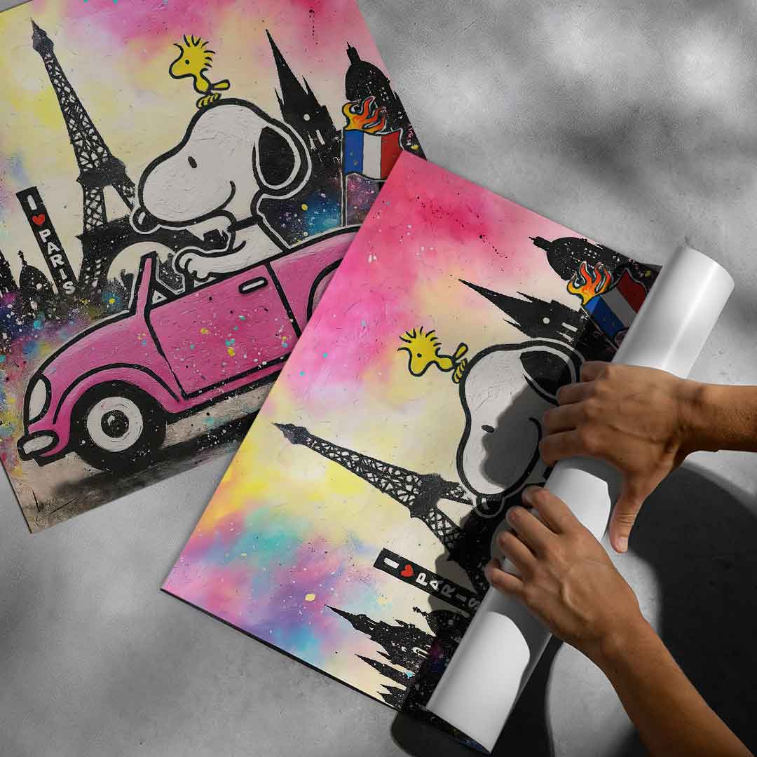 Paris backdrop featuring abstract cityscape and fluttering French flags.