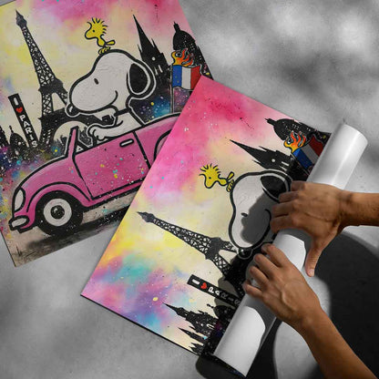 Paris backdrop featuring abstract cityscape and fluttering French flags.