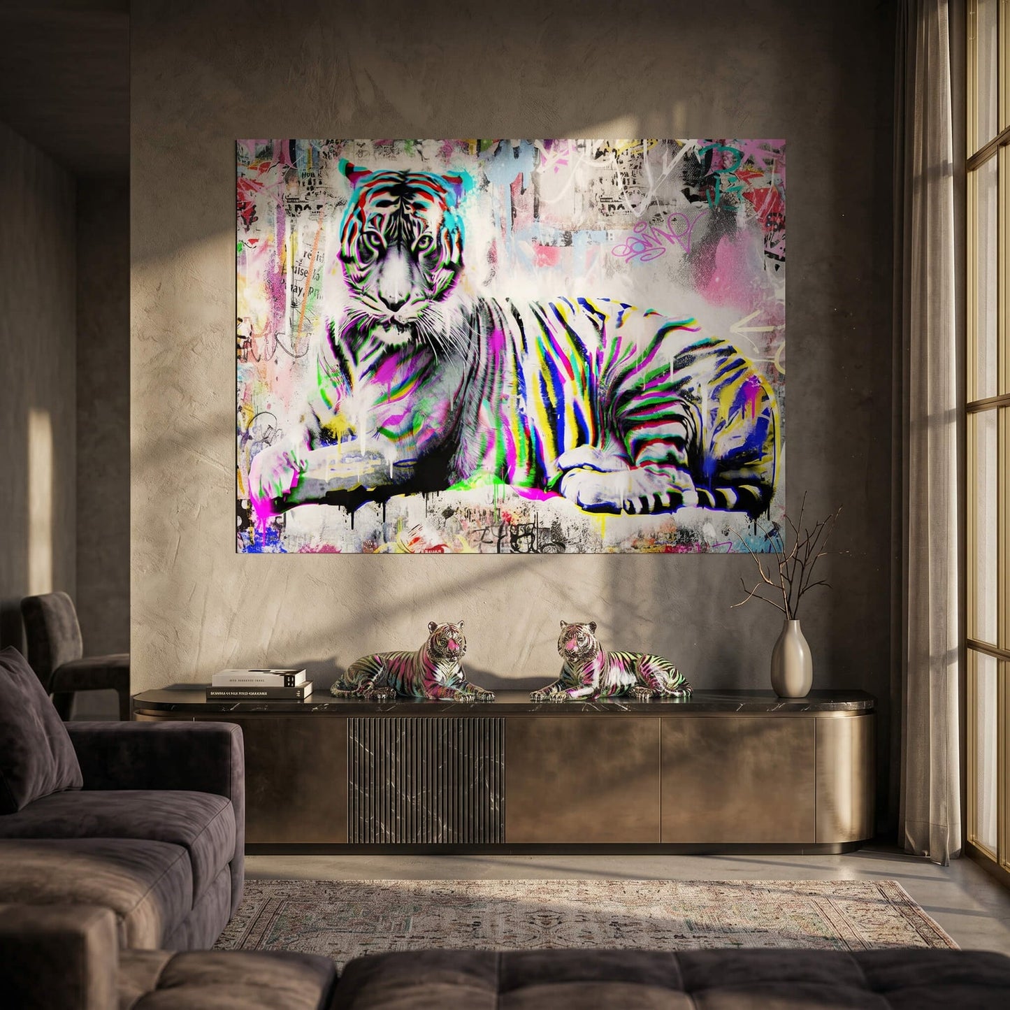 Close-up of chromatic neon streaks across the tiger against a white backdrop
