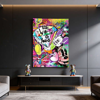Close-up of bold neon pinks and purples in a street-art style graffiti background.