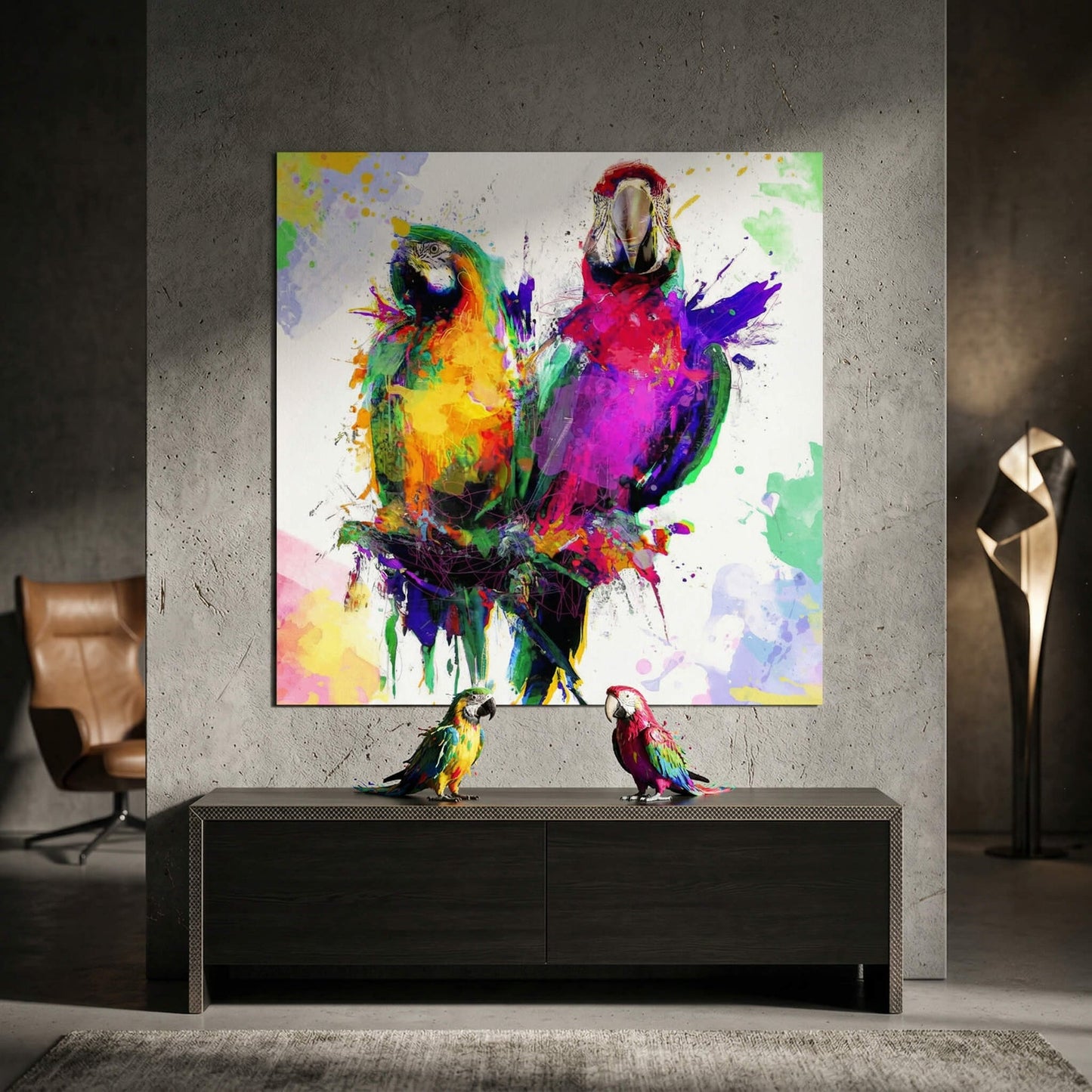 Close-up of bright color splashes in yellows, oranges, reds, purples, blues, and greens on parrot poster
