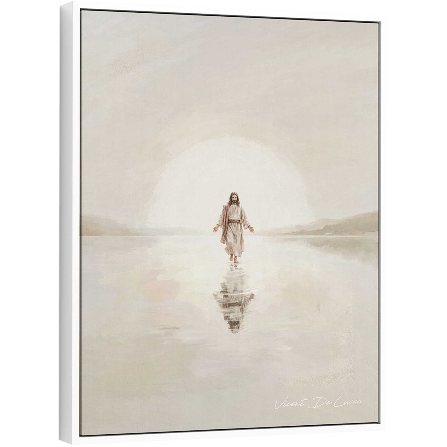 Minimalist painting of Jesus walking on calm water with a soft glow behind him.