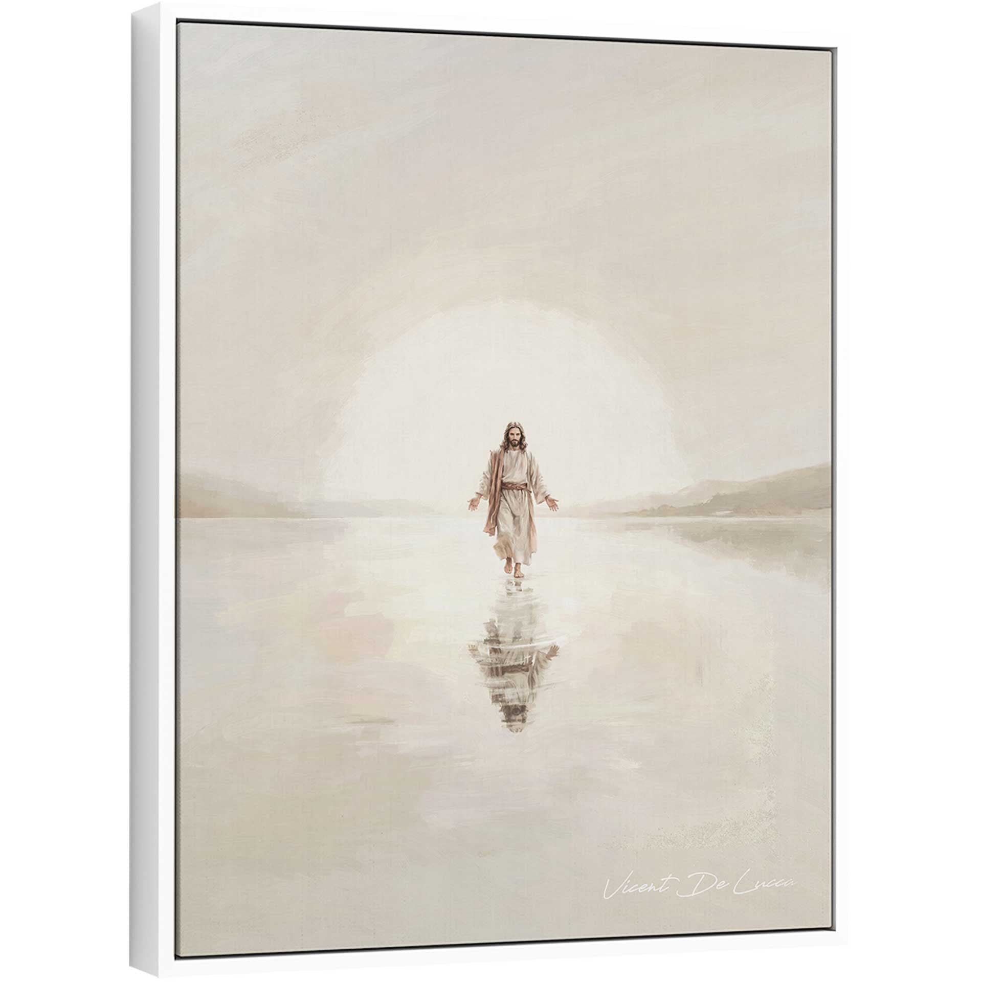 Minimalist painting of Jesus walking on calm water with a soft glow behind him.