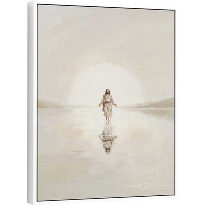Minimalist painting of Jesus walking on calm water with a soft glow behind him.