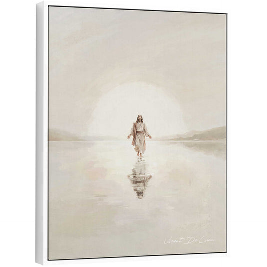 Minimalist painting of Jesus walking on calm water with a soft glow behind him.